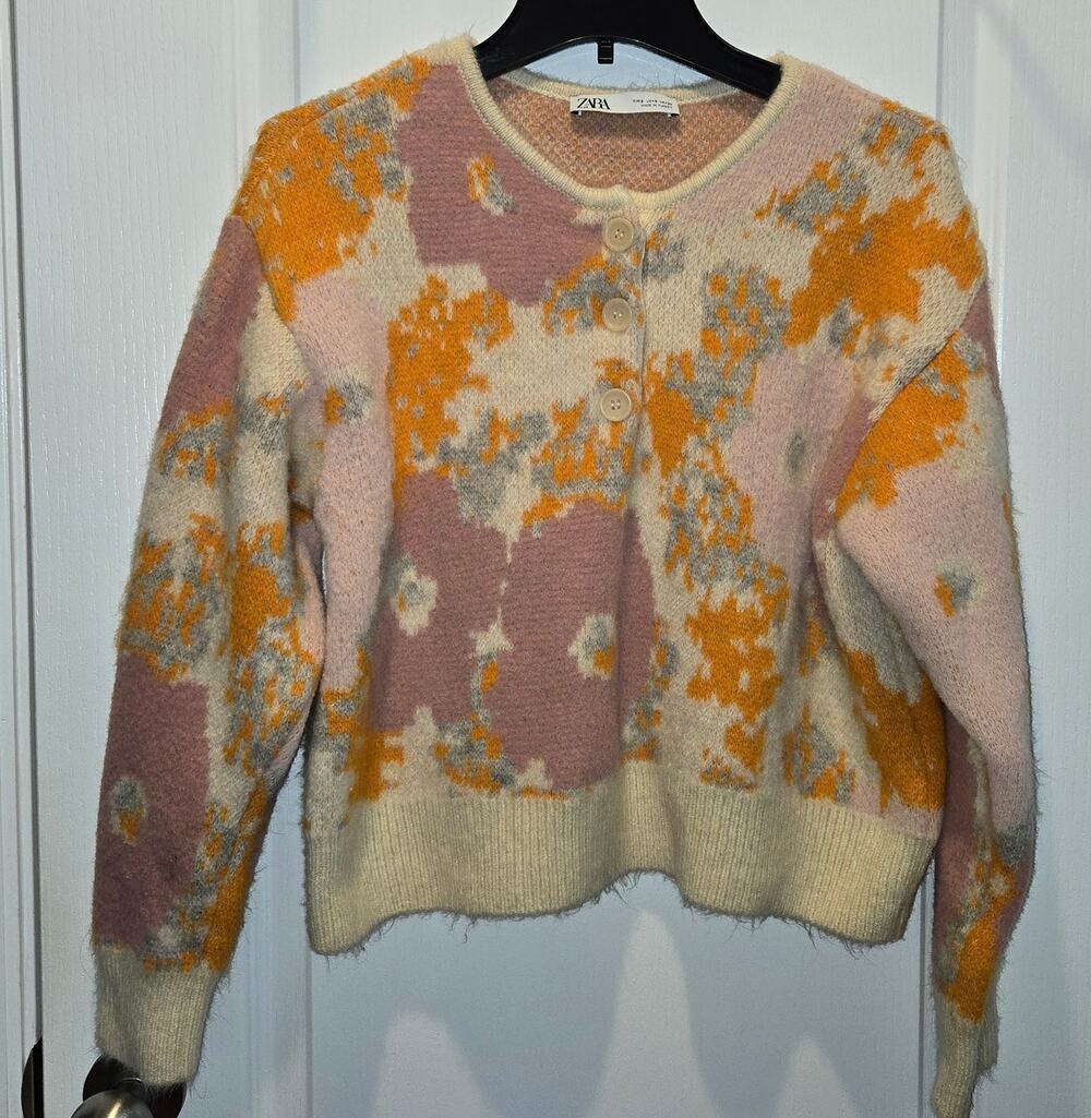 Zara Women's sz S Floral Crop 1/4 Button Up Chunky Sweater